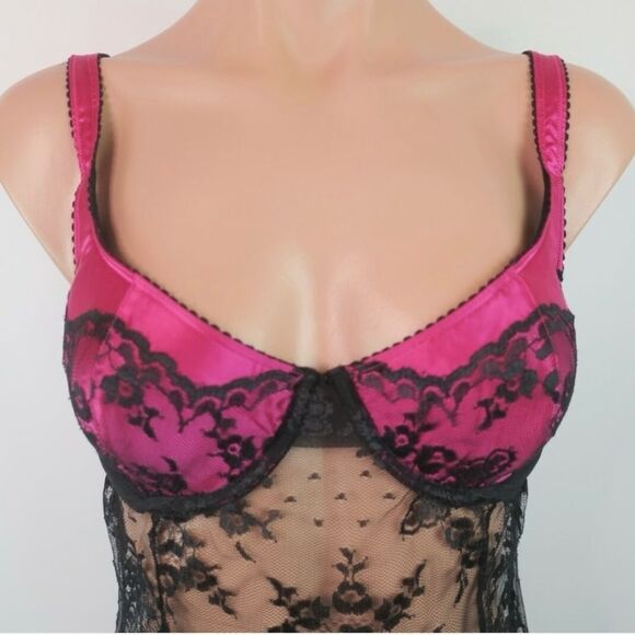 Sexy Sheer Black Lace & Hot Pink Lingerie Babydoll 36C New Without Tags - Picture 16 of 17
